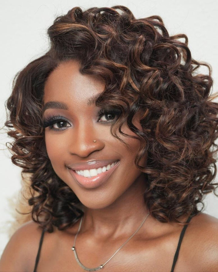 Glueless Short Bob Bouncy Loose Curly Blonde Highlight Lace Front Wig