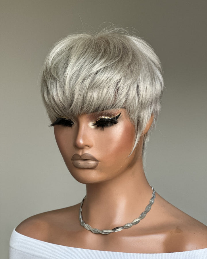 Ash Grey Layered Pixie Cut Glueless Human Hair Wig With Bangs