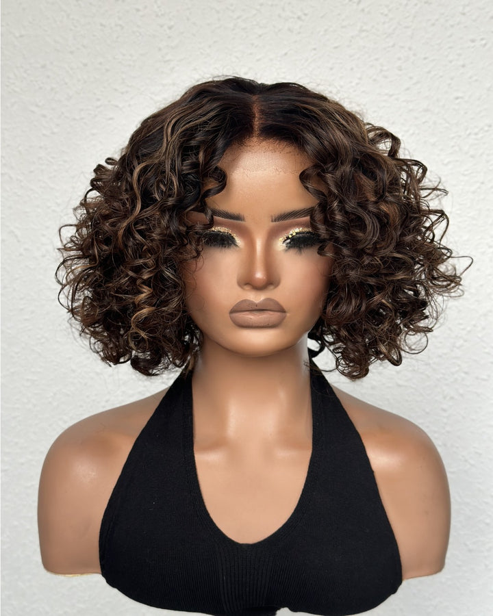 Put On & Go Short Blonde Highlights Curly Bob Wig
