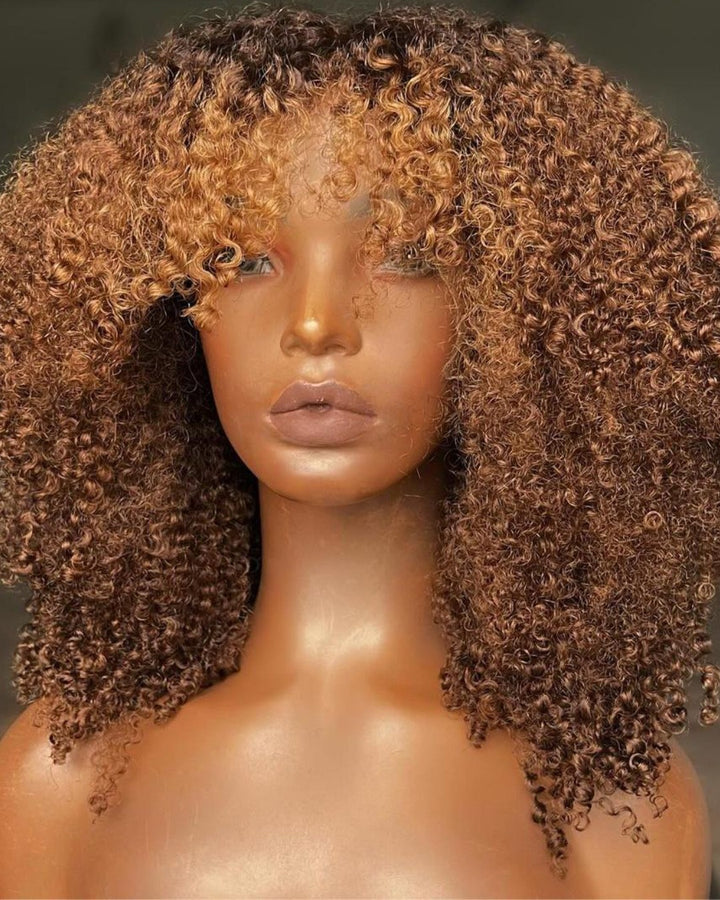 Glueless Brown With Blonde Highlight Curly Wig With Bang