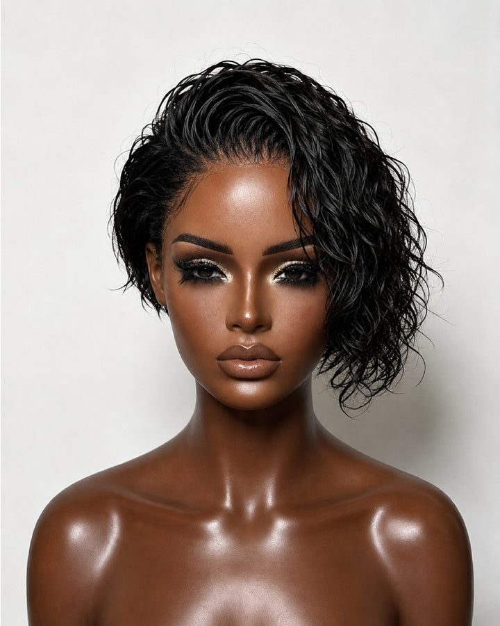 Wet Look Side-Swept Curly Pixie 13×6 Lace Front Wig