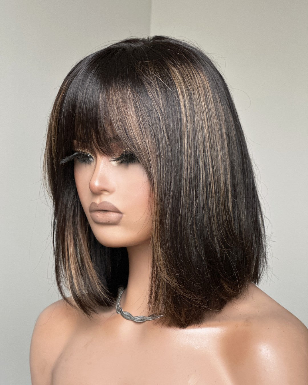 Brown Highlight with Bangs Bob Wigs Human Hair Wig