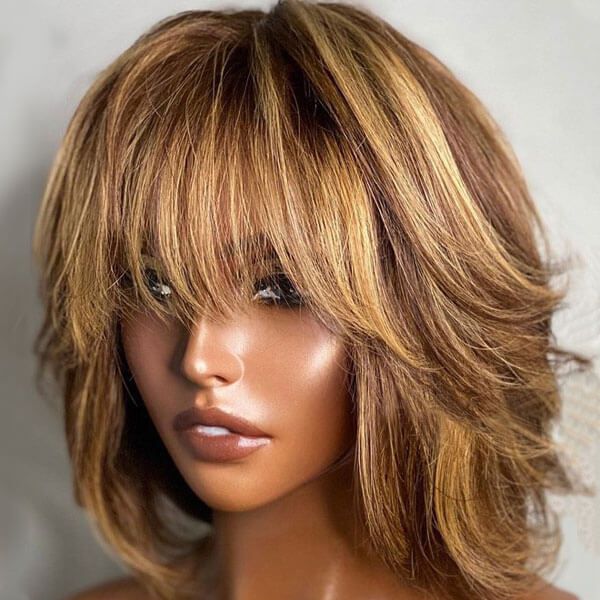 13x4 Lace Frontal Honey Blonde Brown Highlights Wig With Bangs