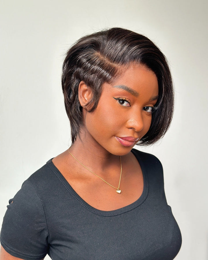 Full Lace Short Pixie Cut With Long Side Bangs Human Hair Wig