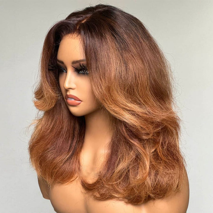 Ombre Light Brown Layered Cut Wavy 5x5 Lace Closure Wig