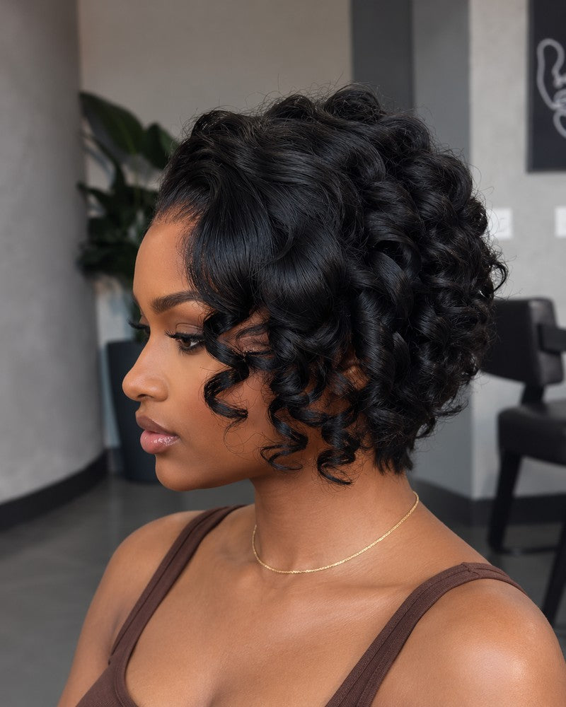 Drama Asymmetrical Curly Pixie 13x6 Lace Wig with Side Swept Bangs