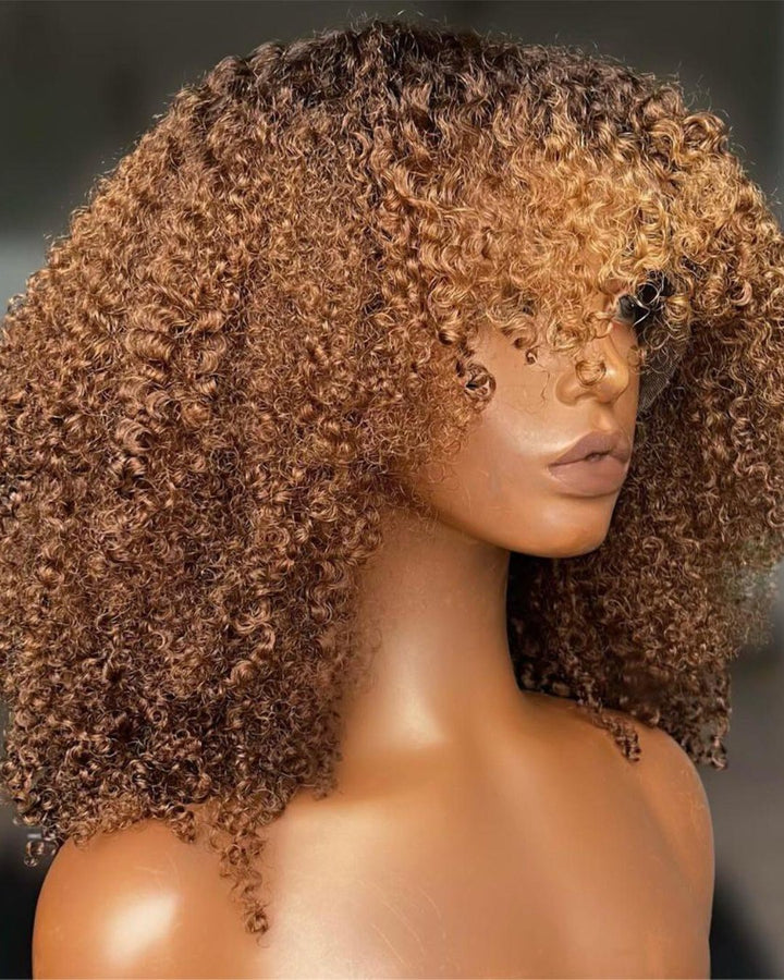 Glueless Brown With Blonde Highlight Curly Wig With Bang