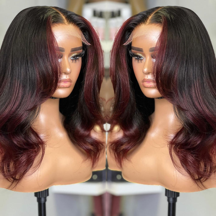 Burgundy And Black Mixed Layered Wavy 5x5 Lace Closure Wig