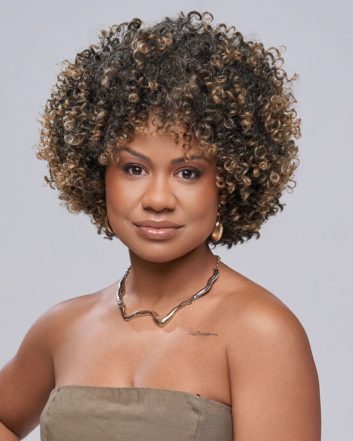 Wear & Go Honey Blonde Highlights Afro Kinky Coily Glueless Bob Wig With Bangs