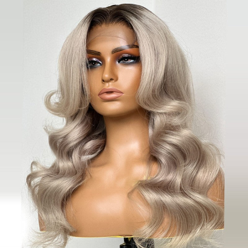 Ombre Ash Blonde Wavy Closure Wig With Dark Root 100% Human Hair