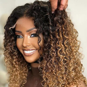 Middle Part Layered Curly Blonde Ombre Lace Front Wig
