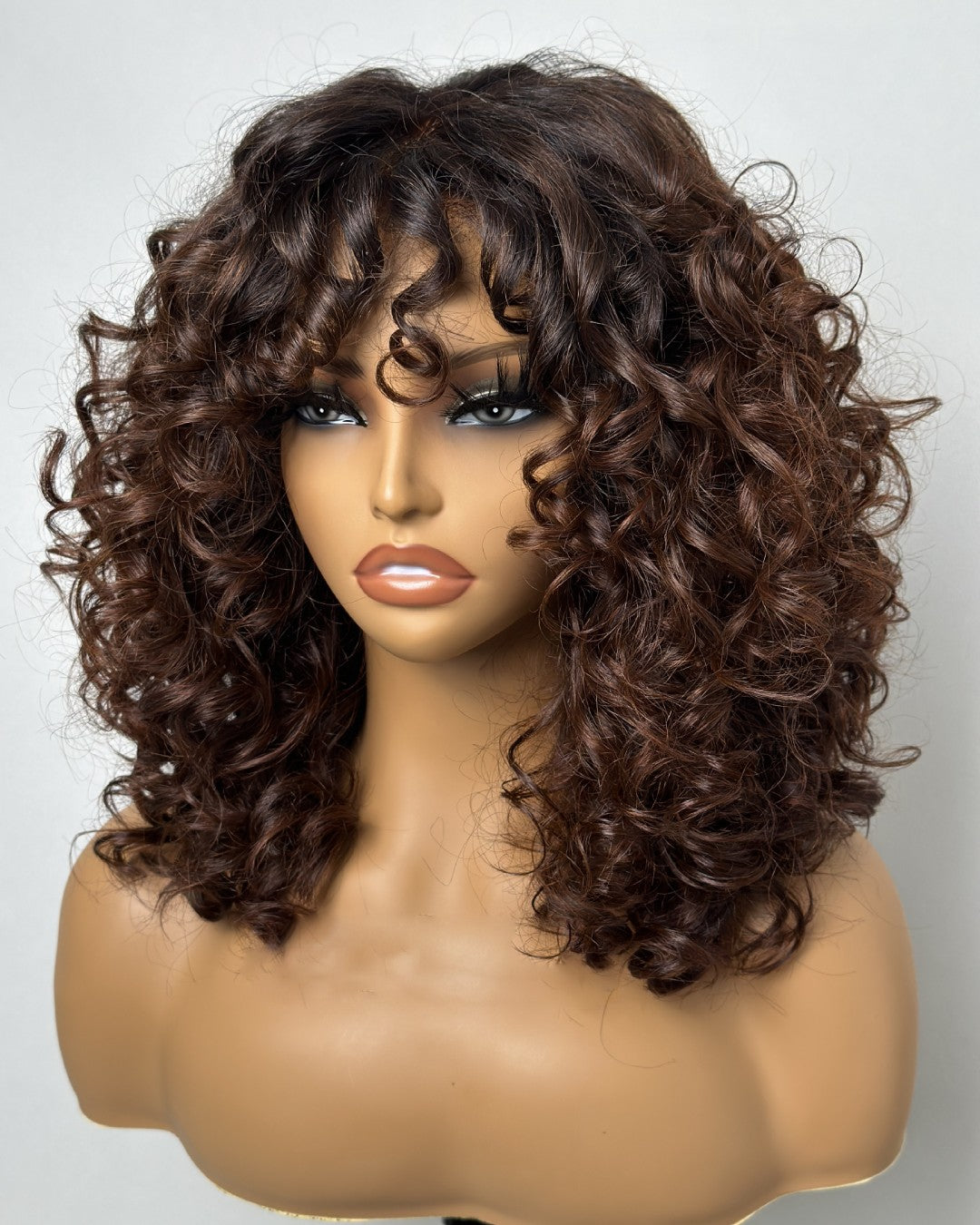 Light Brown Black Hair Root Glueless Curly Bang Wig