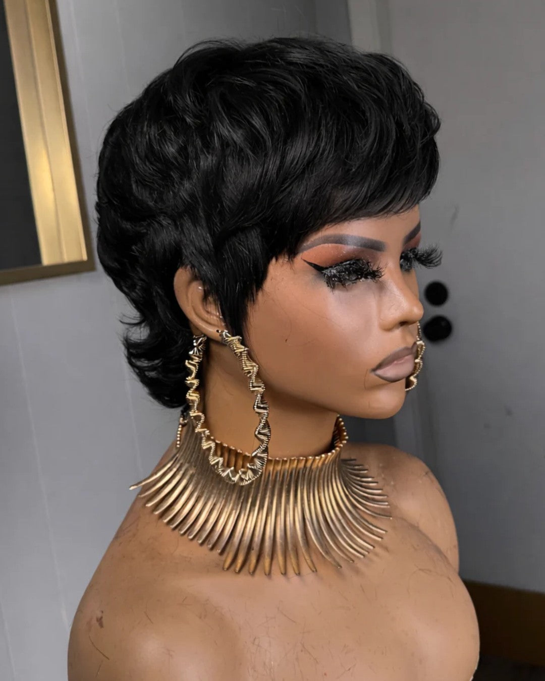 Glueless Shaggy Wolf Cut Black/Red Brown Highlights Bangs Wig