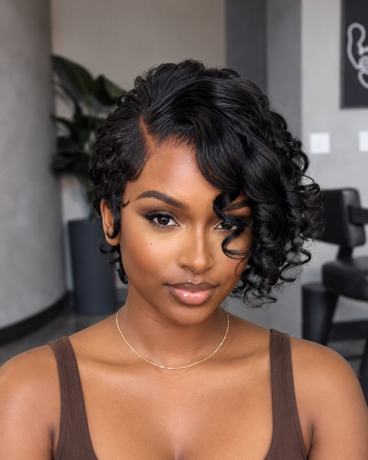 Drama Asymmetrical Curly Pixie 13x6 Lace Wig with Side Swept Bangs
