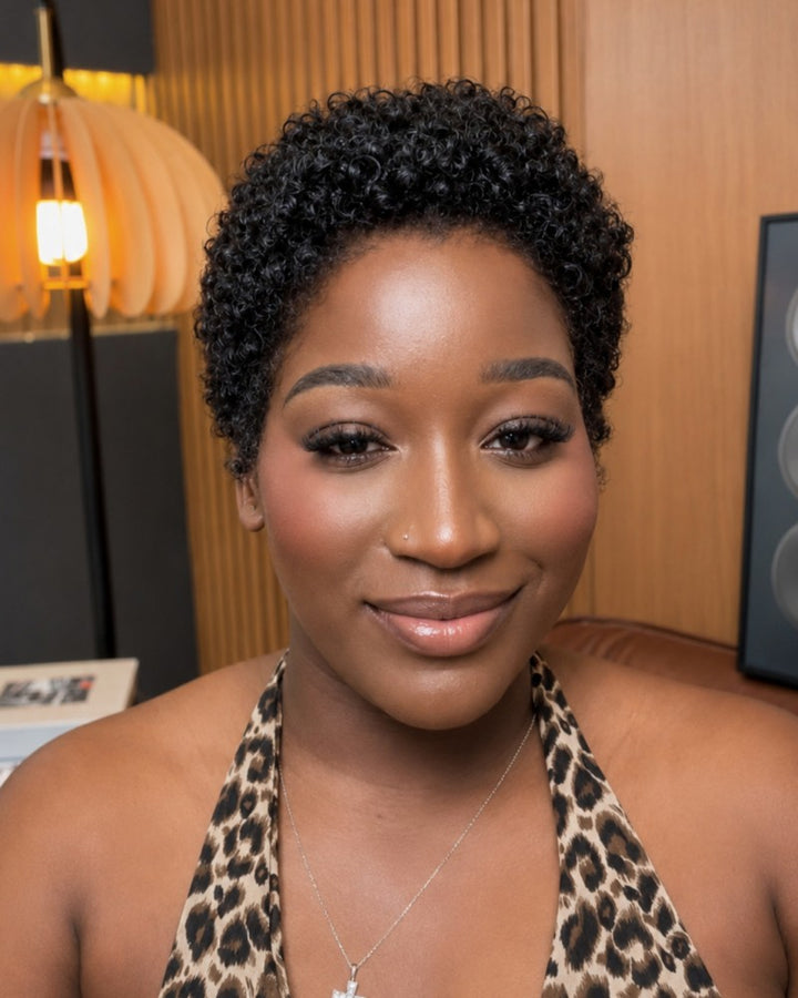 All-Day Comfort Black & Brown Short Curly Pixie 13×4 Lace Front Wig With Drawstring