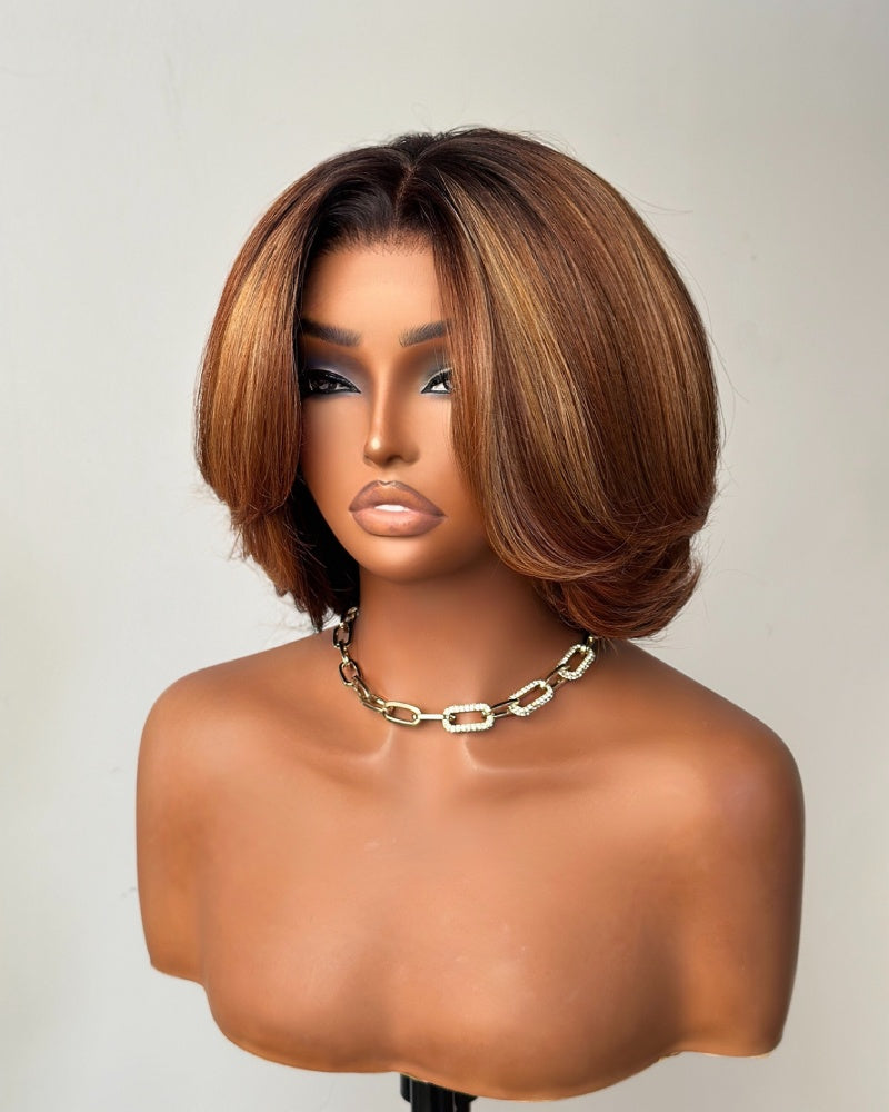 Brown & Honey Blonde Highlights Blowout Layered Bob 7x5 Lace Closure Wig