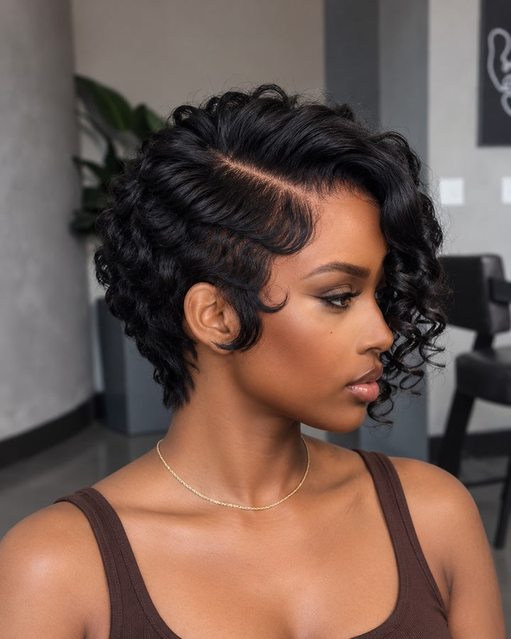 Drama Asymmetrical Curly Pixie 13x6 Lace Wig with Side Swept Bangs