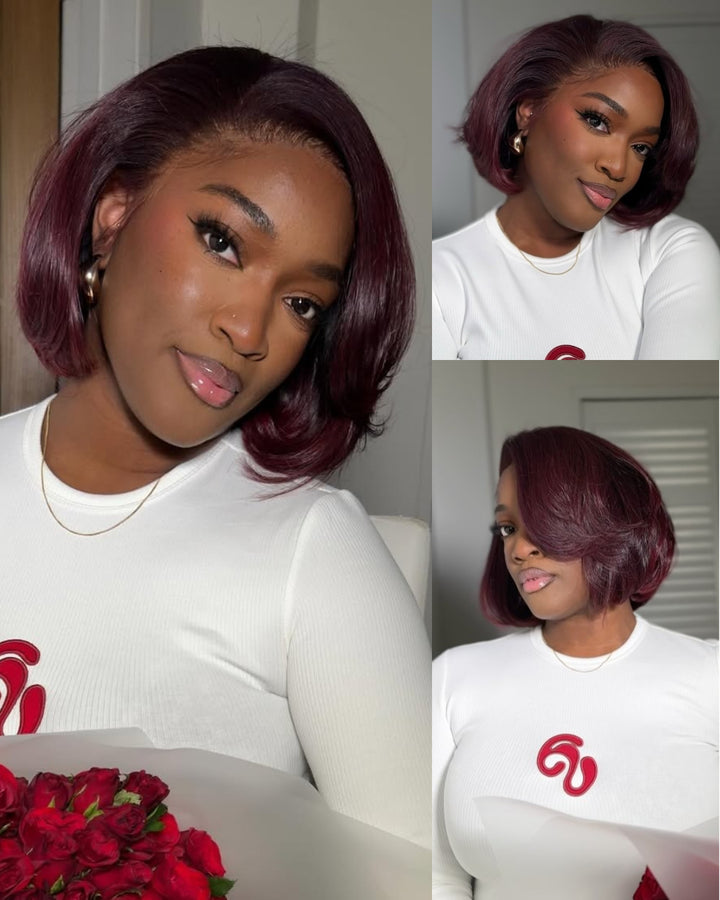 Burgundy Side Part Bob Human Hair Invisible Lace Front Wig