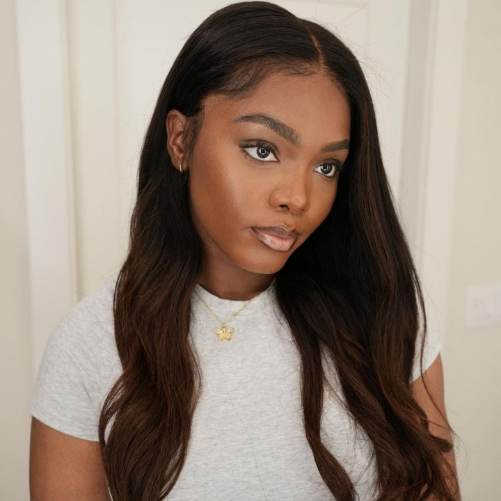 Brown Hair Wig With Caramel Highlights Lace Frontal Wig