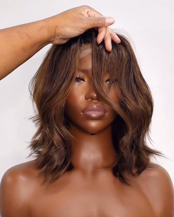 Glueless Brown Highlight Fluffy Bob Cut 5x5 Lace Closure Wig