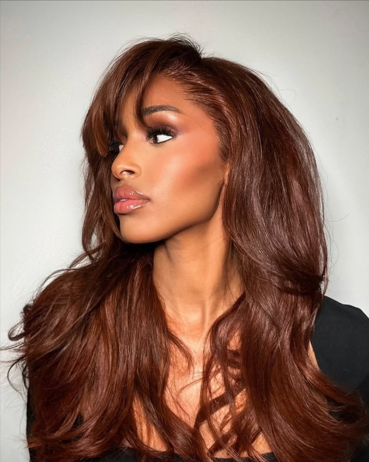 Auburn Brown Hair Wavy With Bangs Lace Front Wig