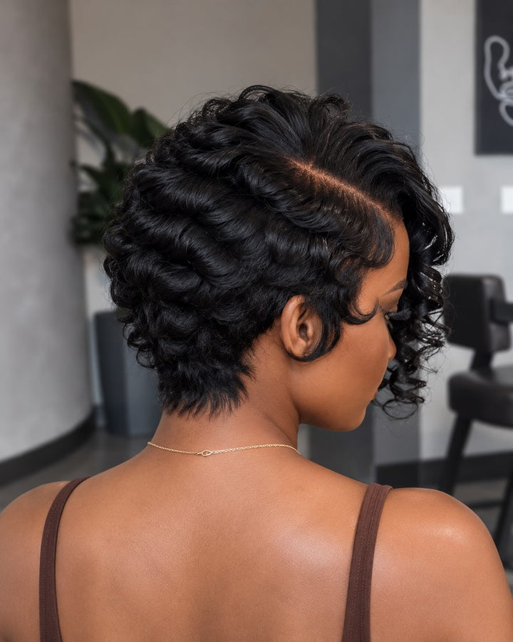Drama Asymmetrical Curly Pixie 13x6 Lace Wig with Side Swept Bangs