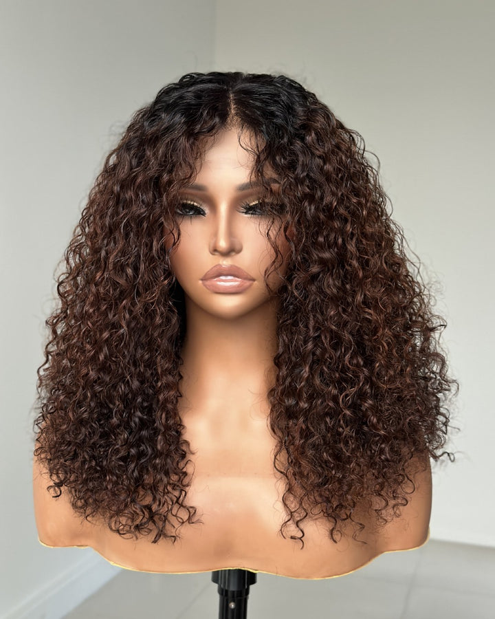 Coffee Brown Bangs Curly 5x5 Lace Closure Wig