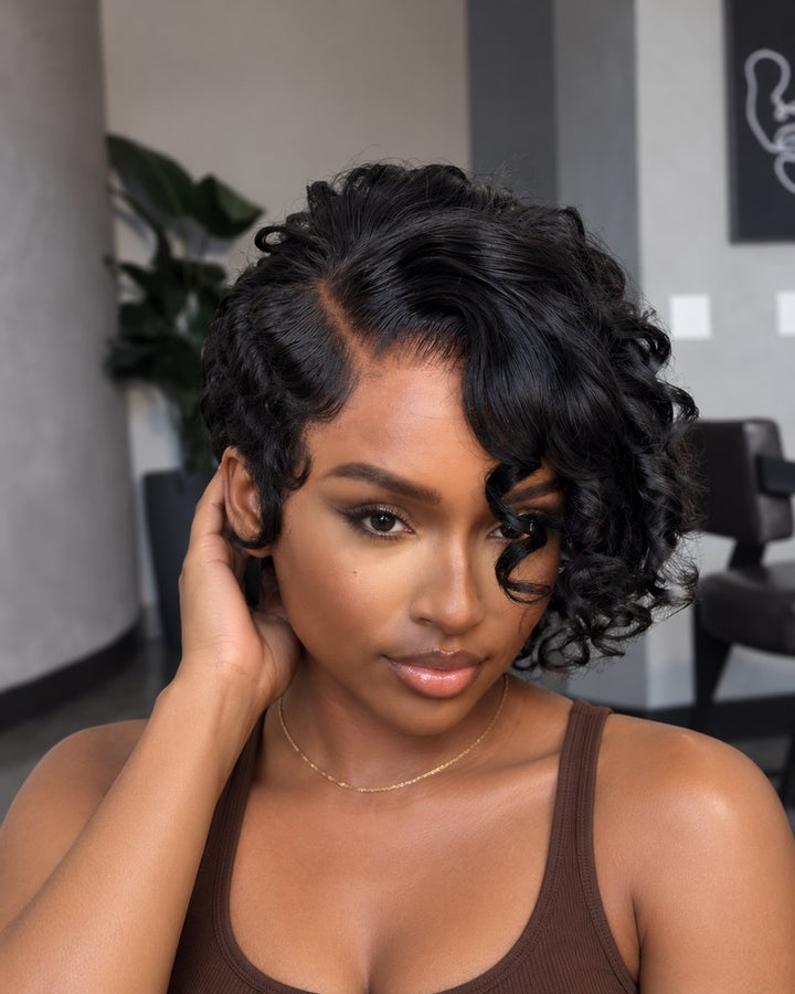 Drama Asymmetrical Curly Pixie 13x6 Lace Wig with Side Swept Bangs