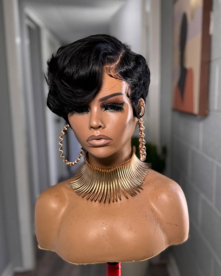 Full Lace Glueless Natural Black Pixie Cut Wig With Bangs