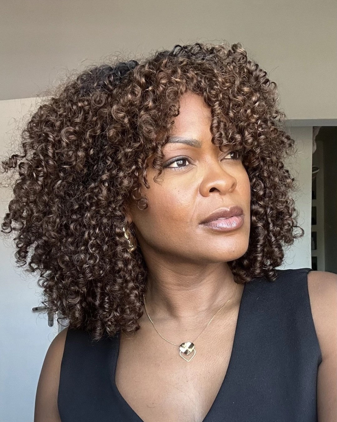 Golden Chocolate Curls Bangs Glueless Wig