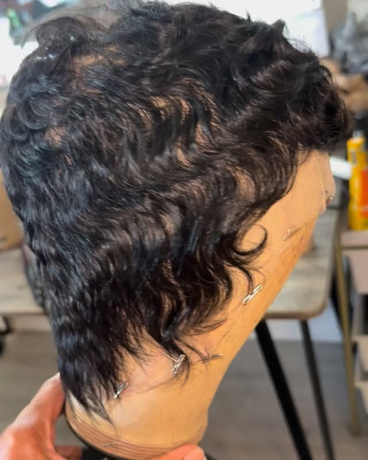 Full Lace Wave Curls Short Pixie Cut Wig 100% Human Hair