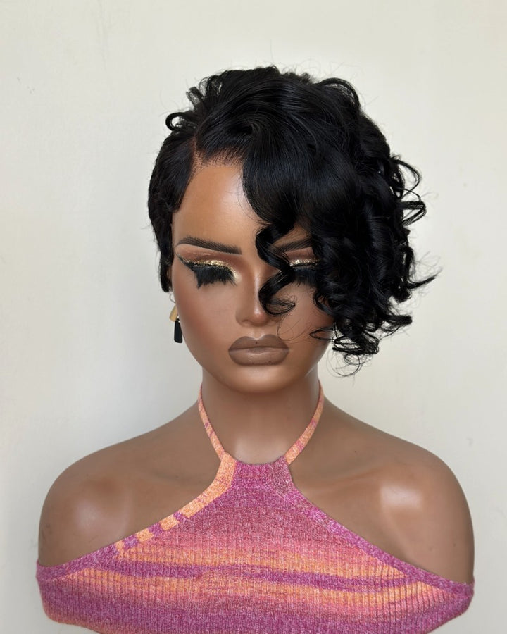 Drama Asymmetrical Curly Pixie 13x6 Lace Wig with Side Swept Bangs