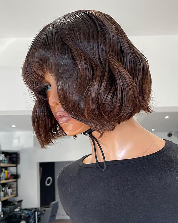 Short Wavy French Bob With Bangs Chestnut Brown Ombre Wig