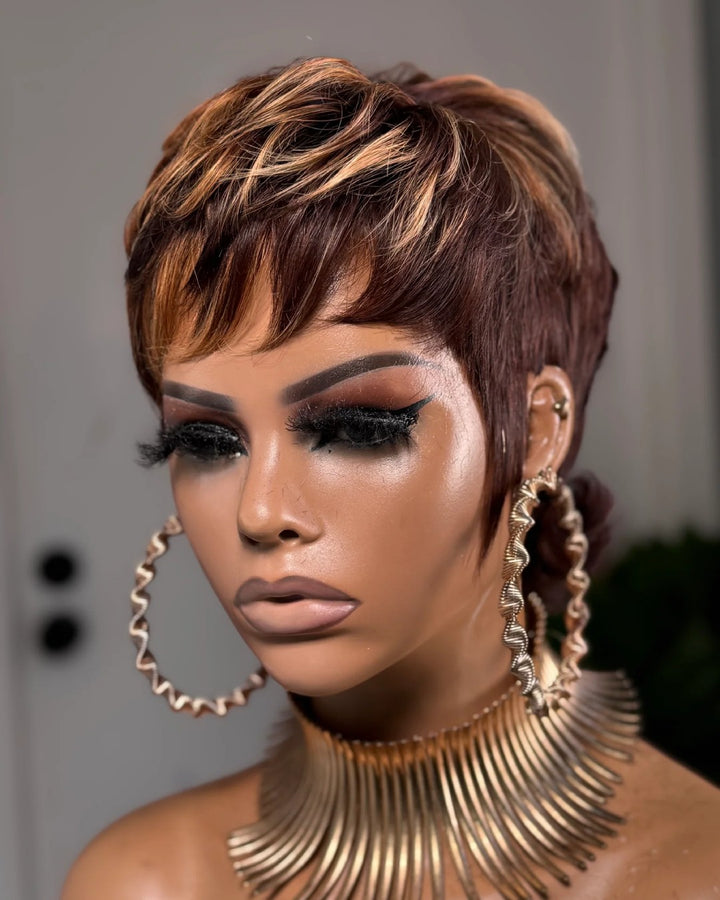 Glueless Shaggy Wolf Cut Red Brown Highlights Bangs Wig