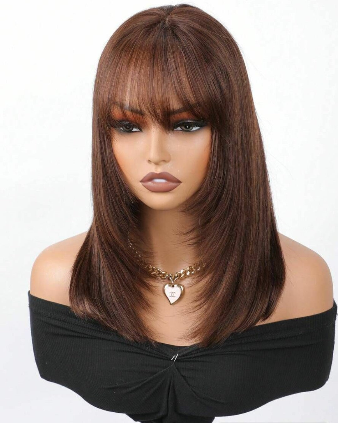 Brown Color Layered Bangs Straight 5x5 Lace Wig