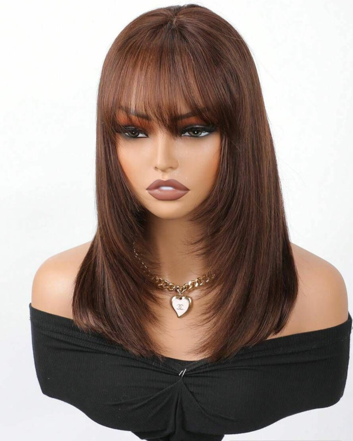 Brown Color Layered Bangs Straight 5x5 Lace Wig