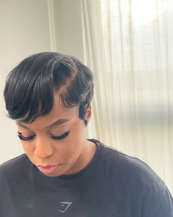 Full Lace Glueless Natural Black Pixie Cut Wig With Bangs