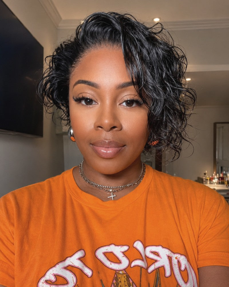 Wet Look Side-Swept Curly Pixie 13×6 Lace Front Wig with Drawstring