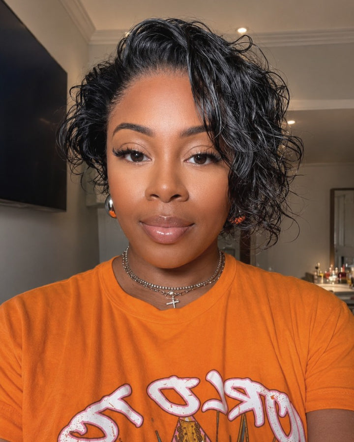 Wet Look Side-Swept Curly Pixie 13×6 Lace Front Wig with Drawstring