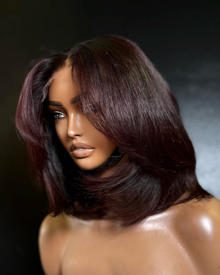 Deep Wine Color Layered Bang 5x5 Lace Closure Wig