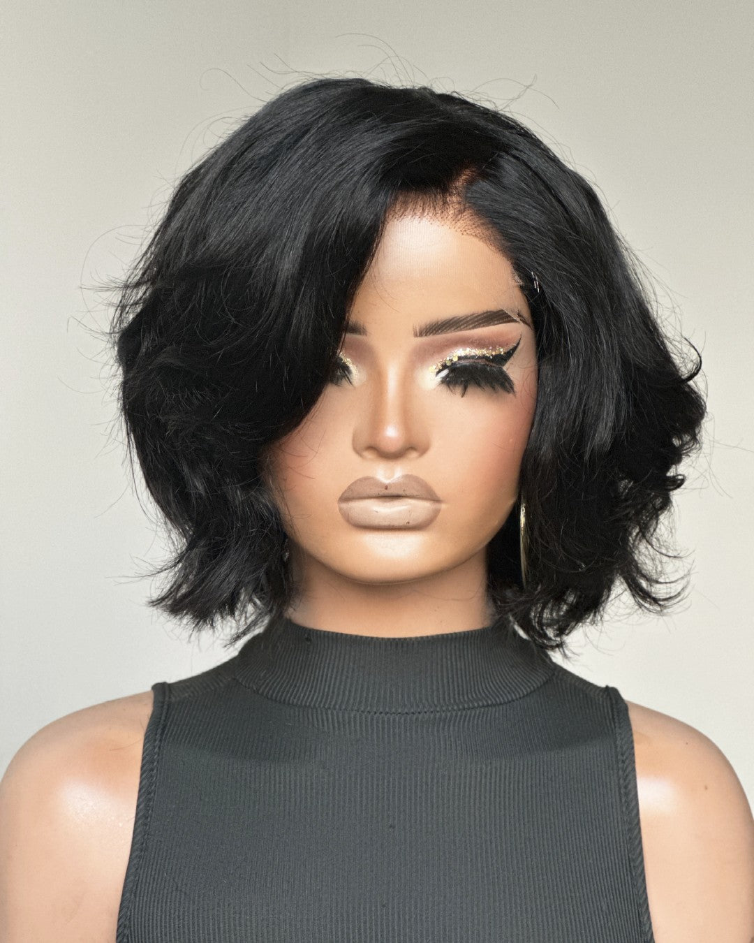 Natural Black Layered Fluffy Bob 5x5 Lace Closure Wig