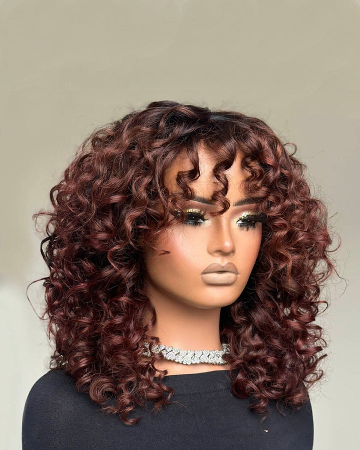 Glueless Ginger Brown Black Hair Root Curly Wig With Bangs