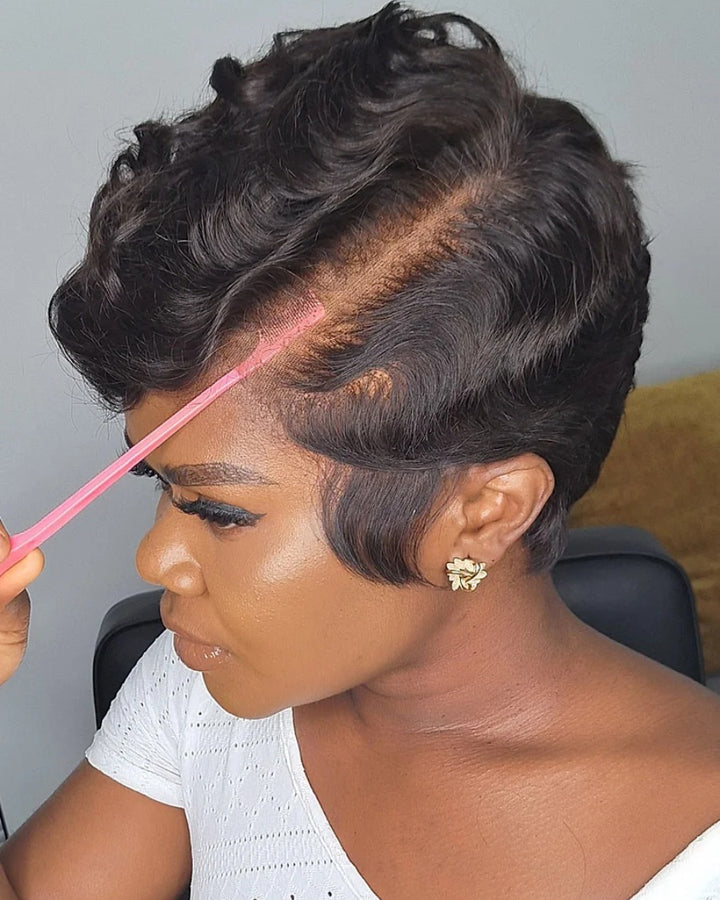 Side Bang Wave Curls Full Lace Short Pixie Cut Wig