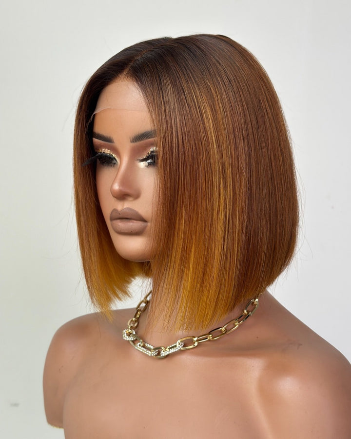 Ombre Brown With Honey Blonde Highlights Adjustable Cap Virgin Hair Bob HD Lace Wig