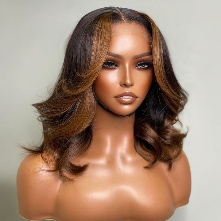 Layered Wavy Curtain Bangs Copper Brown Highlights Lace Front Wig