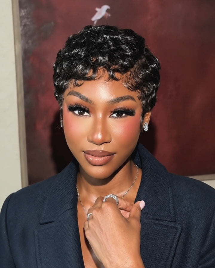 Vintage Glam Full Lace Short Finger Wave Pixie Cut Wig with Side Part