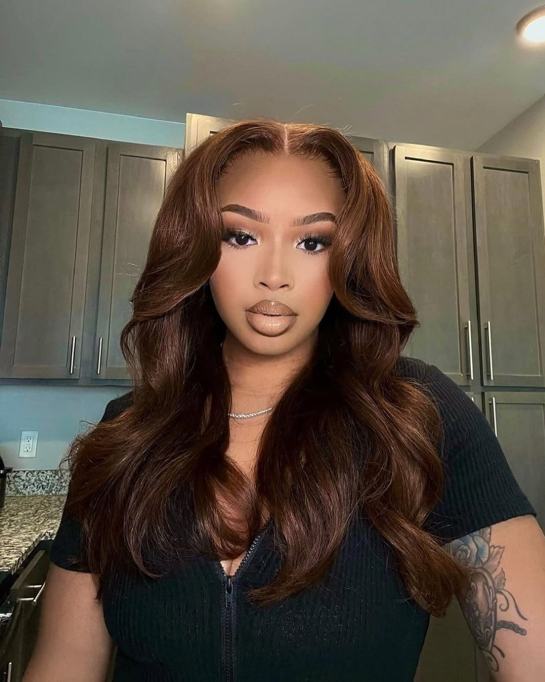 Cocoa Brown Layered Wavy With Curtain Bangs 5x5 Lace Closure Wig