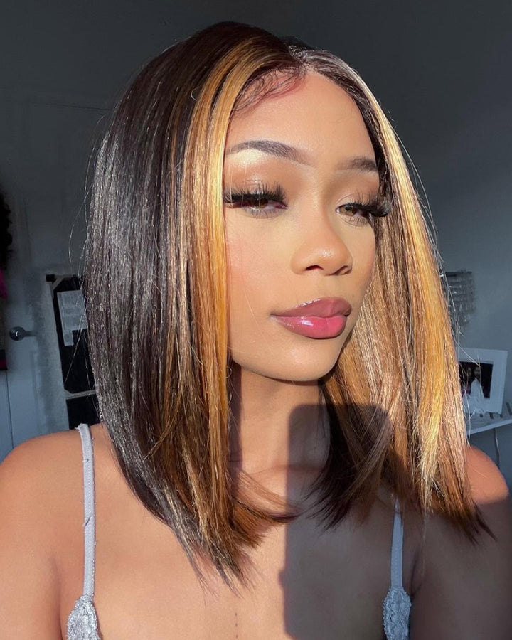 Layer Cut Ombre Blonde Highlight Straight 5x5 Lace Closure Wig