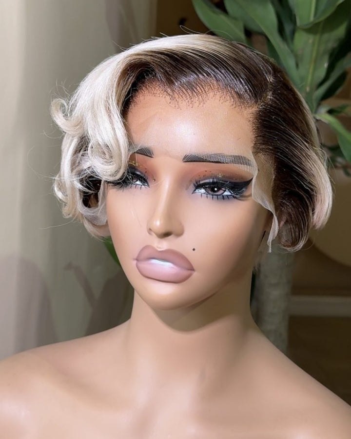 Light Gray Dark Roots Pixie Short Lace Front Wig