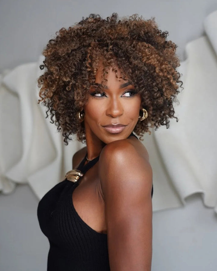 Wear & Go Honey Blonde Highlights Afro Kinky Coily Glueless Bob Wig With Bangs